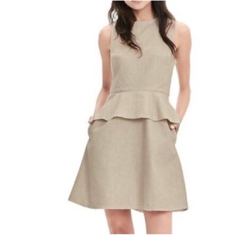 Banana Republic Linen Blend Peplum Dress Texture Fabric Beige Neutral Sleeveless
